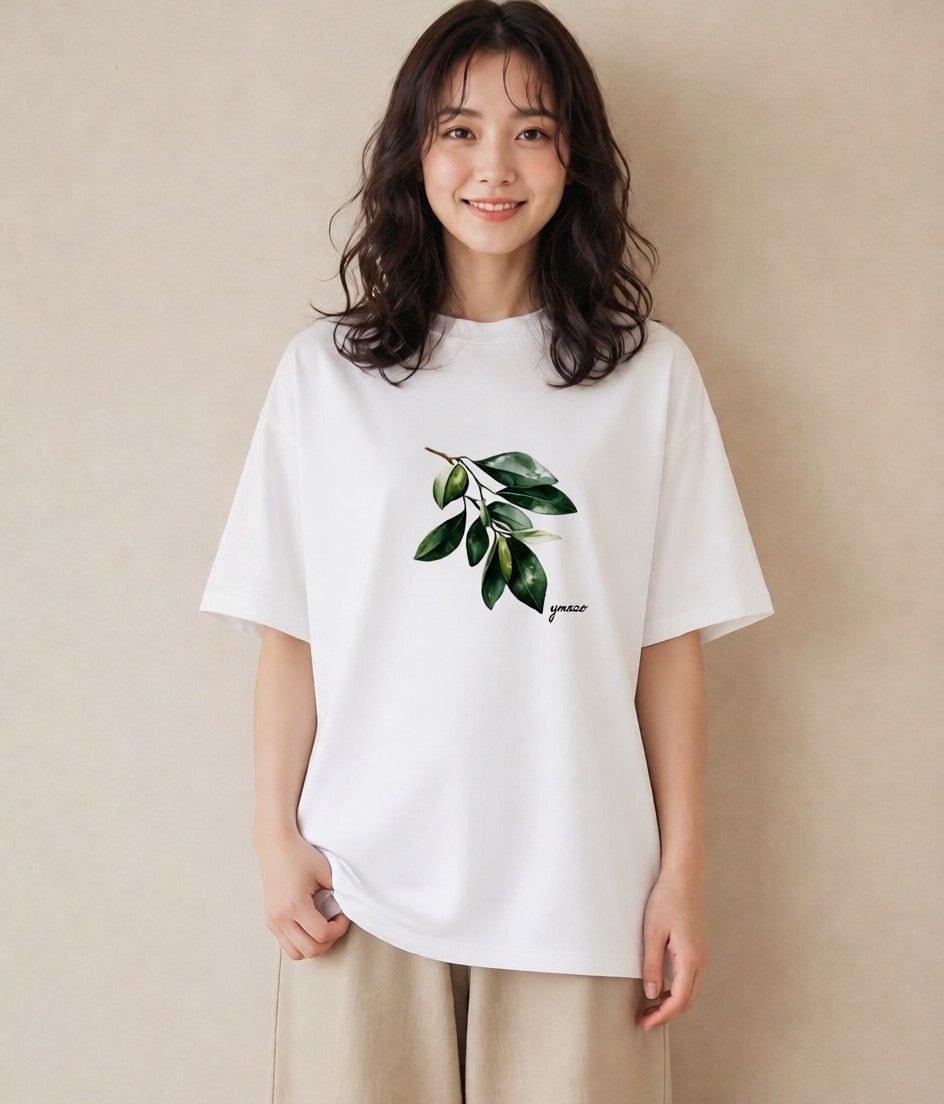 Tシャツ レディース 葉っぱ 植物 ボタニカル イラスト 可愛い ラフ レイヤード 白T YMAZO