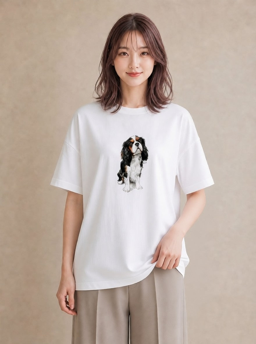 Tシャツ レディース キャバリア 犬 いぬ イラスト 手描き風 旅行 母娘コーデ 白T YMAZO