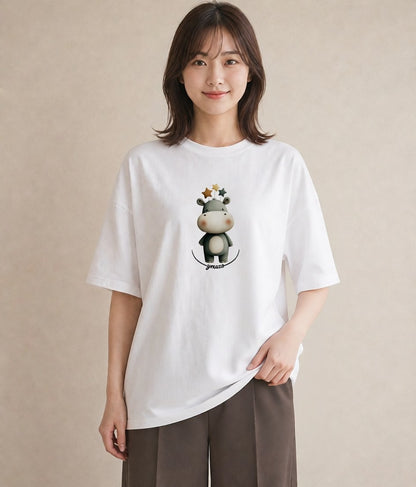 半袖Tシャツ レディース サイ 動物 アニマル イラスト きれいめカジュアル 海 カフェ巡り 白T YMAZO