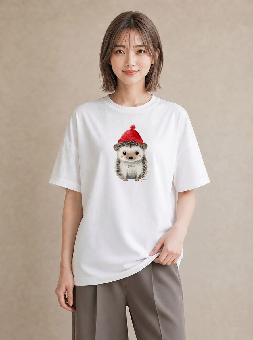 半袖Tシャツ レディース ハリネズミ ペット 動物 イラスト レトロ 公園 ママ 白T YMAZO