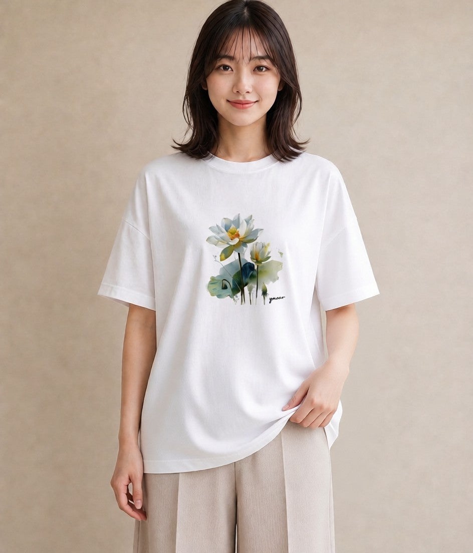 半袖Tシャツ レディース 蓮 花 花柄 イラスト 普段使い ホワイトデー 春服 白T YMAZO