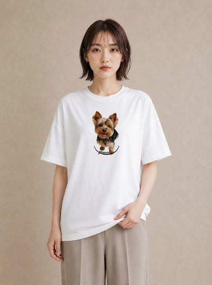 プリントTシャツ レディース ヨークシャーテリア 犬 いぬ イラスト ニュアンス 海 カフェ巡り 白T YMAZO