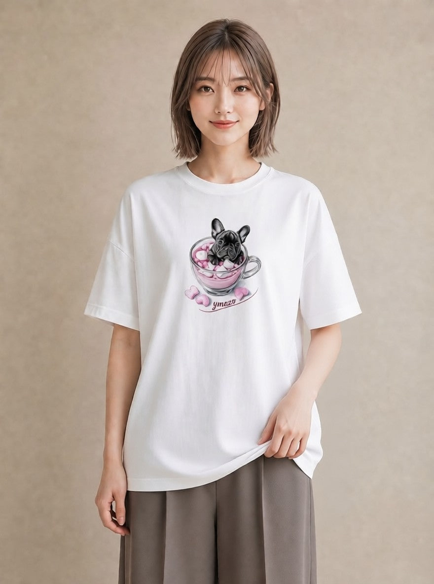 Tシャツ レディース フレンチブルドッグ フレブル 犬 いぬ イラスト レトロ 週末コーデ 敬老の日 白T YMAZO