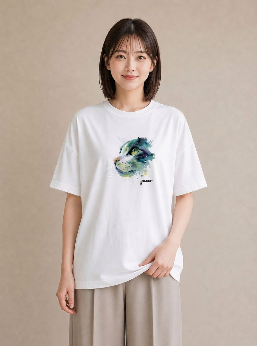 グラフィックTシャツ レディース アメリカンショートヘア 猫 ねこ イラスト ポップ カジュアルコーデ 買い物 白T YMAZO
