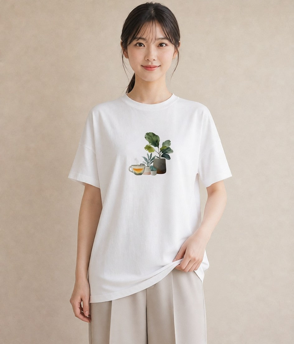 プリントTシャツ レディース 夕暮れ バルコニー 夕焼け ナチュラル アンティーク イラスト 個性的 カジュアルコーデ 買い物 白T YMAZO
