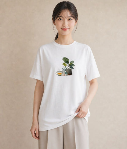 プリントTシャツ レディース 夕暮れ バルコニー 夕焼け ナチュラル アンティーク イラスト 個性的 カジュアルコーデ 買い物 白T YMAZO