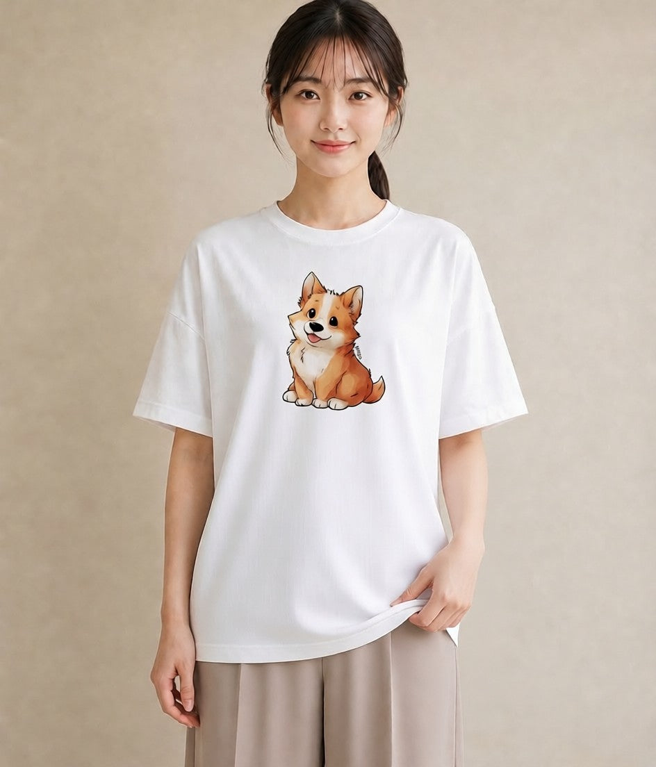 デザインTシャツ レディース ウェルシュコーギー コーギー 犬 いぬ イラスト レトロ 普段着 週末コーデ 白T YMAZO