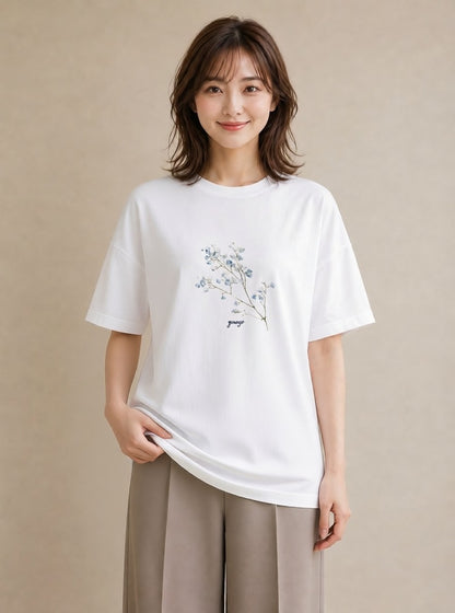 デザインTシャツ レディース カスミソウ かすみ草 花 花柄 イラスト 海 カフェ巡り 白T YMAZO