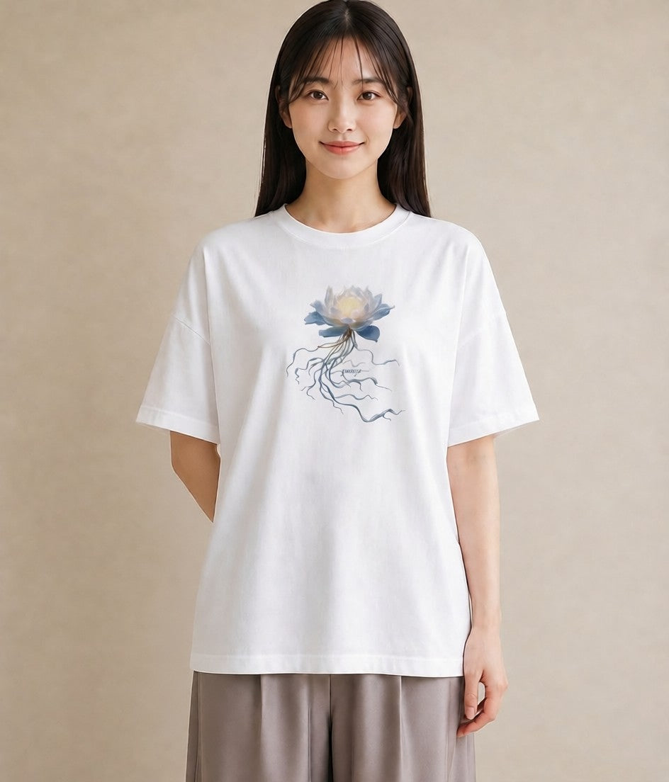 デザインTシャツ レディース 蓮 花 花柄 イラスト ポップ 普段着 週末コーデ 白T