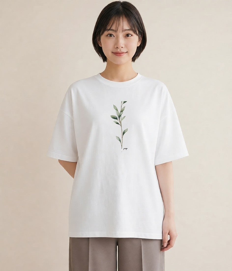 グラフィックTシャツ レディース ガラス瓶 小枝 ボタニカル ナチュラル アンティーク イラスト 手描き風 ママ カフェ服 白T YMAZO