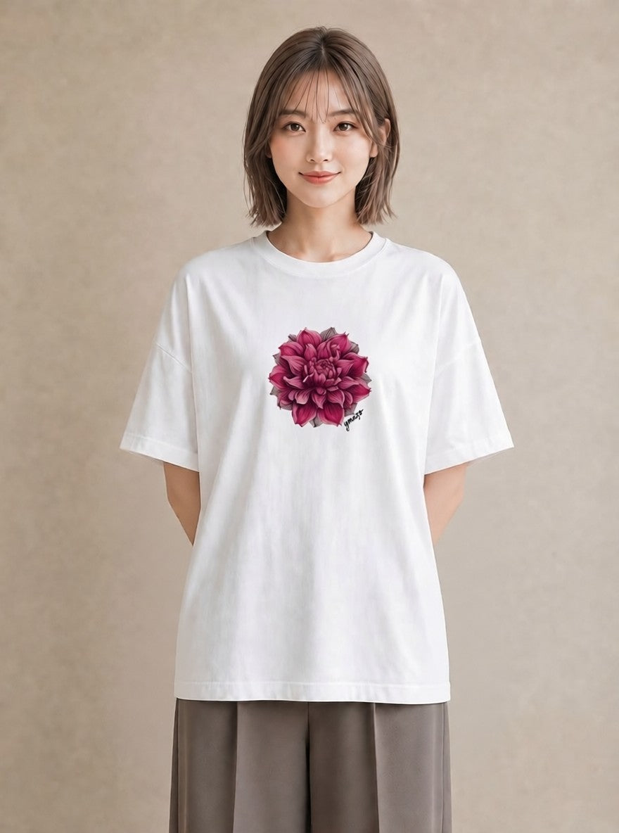半袖Tシャツ レディース 牡丹 花 花柄 イラスト 休日コーデ 社会人 女性 白T YMAZO