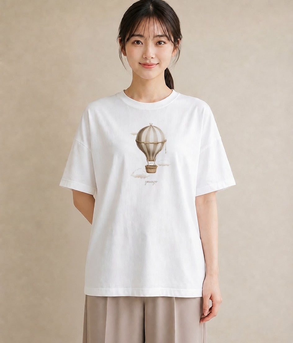 デザインTシャツ レディース 紙風船 和紙 ナチュラル アンティーク イラスト ニュアンス 綿100 デート 白T YMAZO