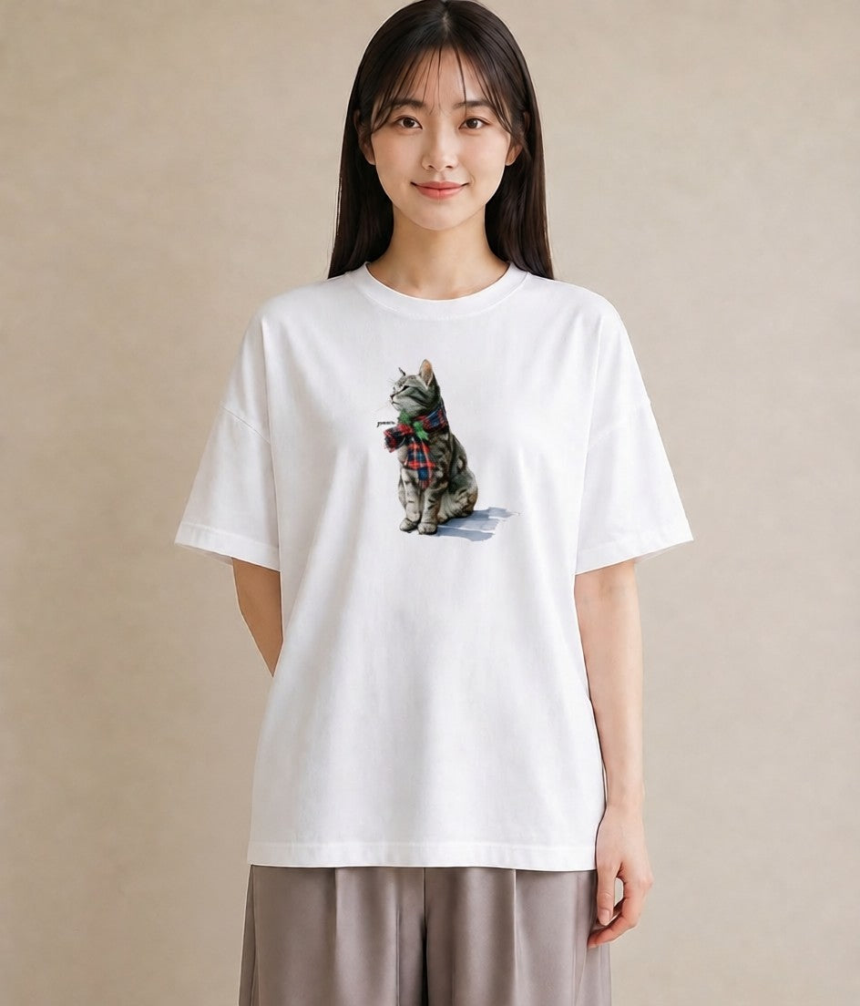 Tシャツ レディース サビ猫 猫 ねこ イラスト ガーリー カジュアルコーデ 買い物 白T YMAZO