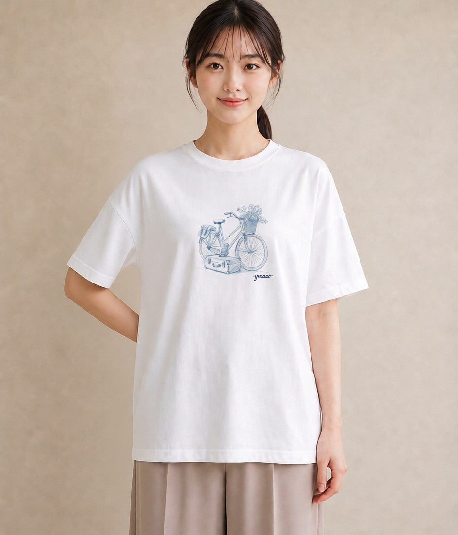プリントTシャツ レディース 自転車のかご 自転車 花かご ナチュラル アンティーク イラスト 線画 通勤 在宅 白T YMAZO