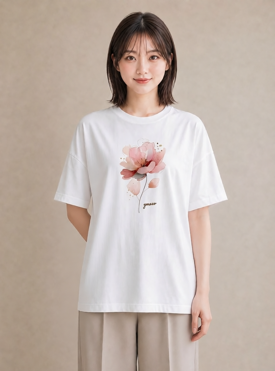 プリントTシャツ レディース 椿 花 花柄 イラスト 抜け感 送別ギフト 通勤 白T YMAZO