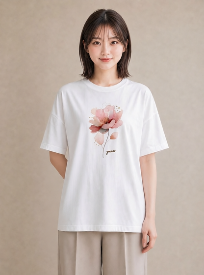 プリントTシャツ レディース 椿 花 花柄 イラスト 抜け感 送別ギフト 通勤 白T YMAZO