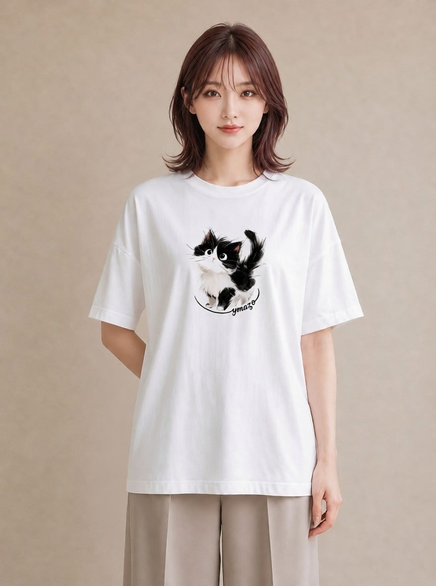 デザインTシャツ レディース ハチワレ 白黒猫 猫 ねこ イラスト 抜け感 デイリーウェア 休日 白T YMAZO