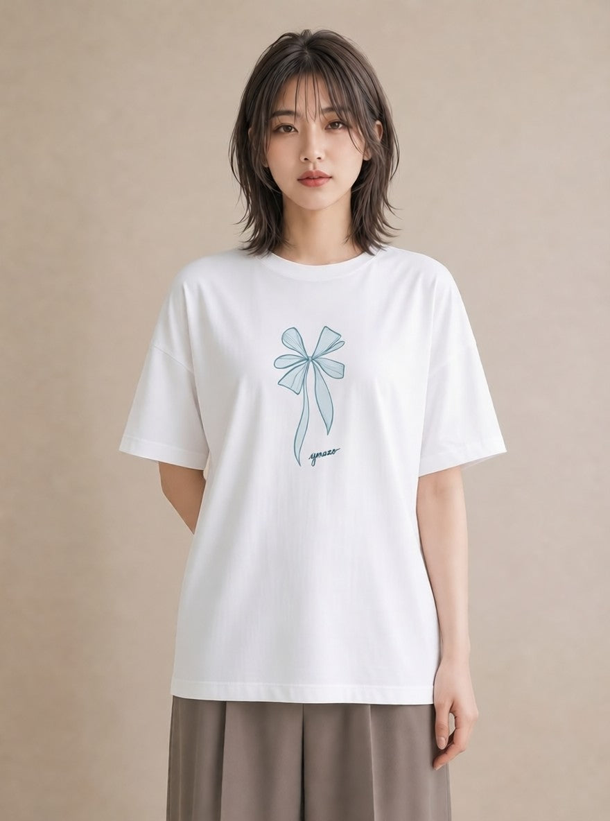 デザインTシャツ レディース リボン ボウ りぼん イラスト ラフ 公園 ママ 白T YMAZO