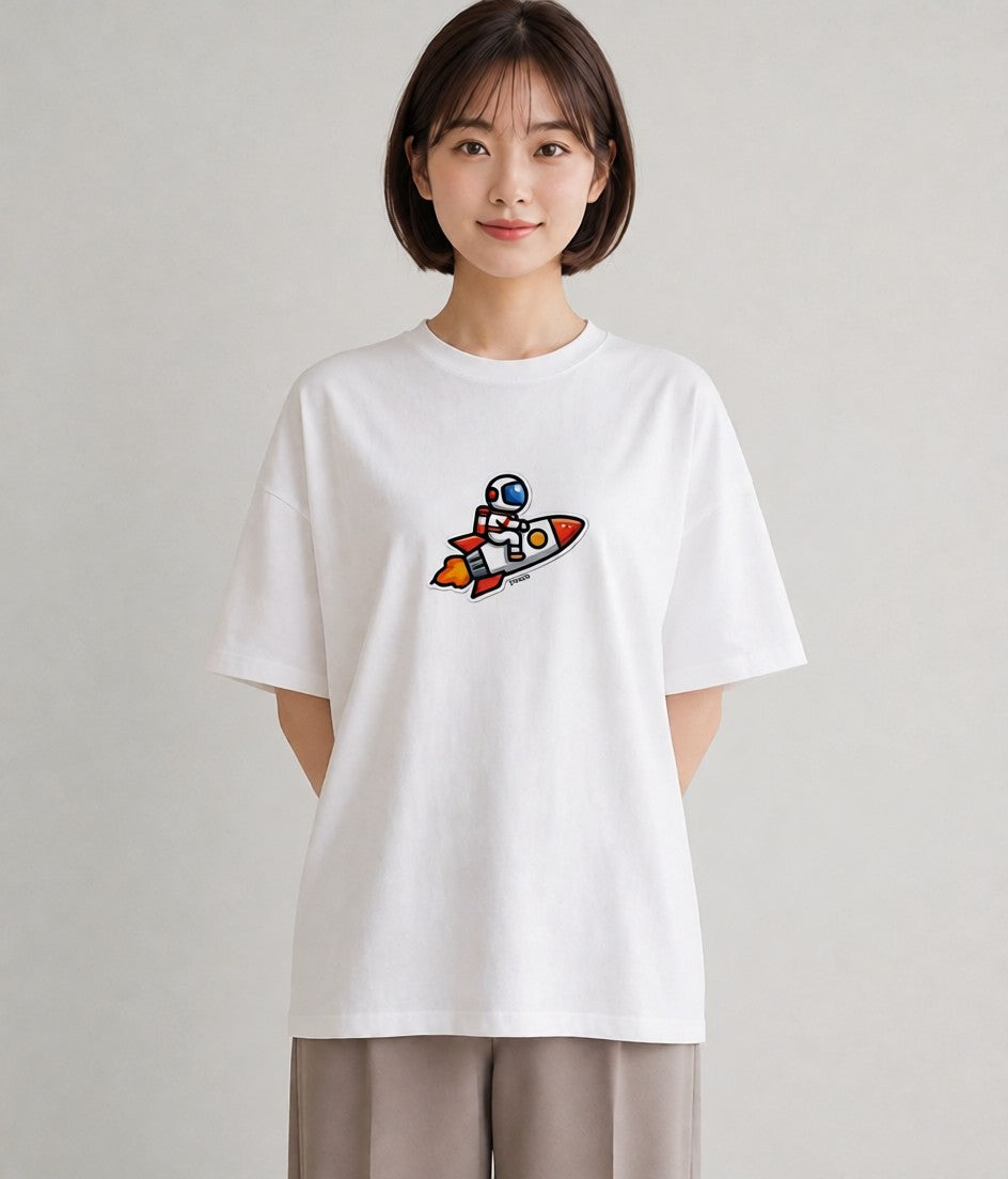 プリントTシャツ レディース ロケット 星空 宇宙 イラスト ユニーク ミセス 春コーデ 白T YMAZO