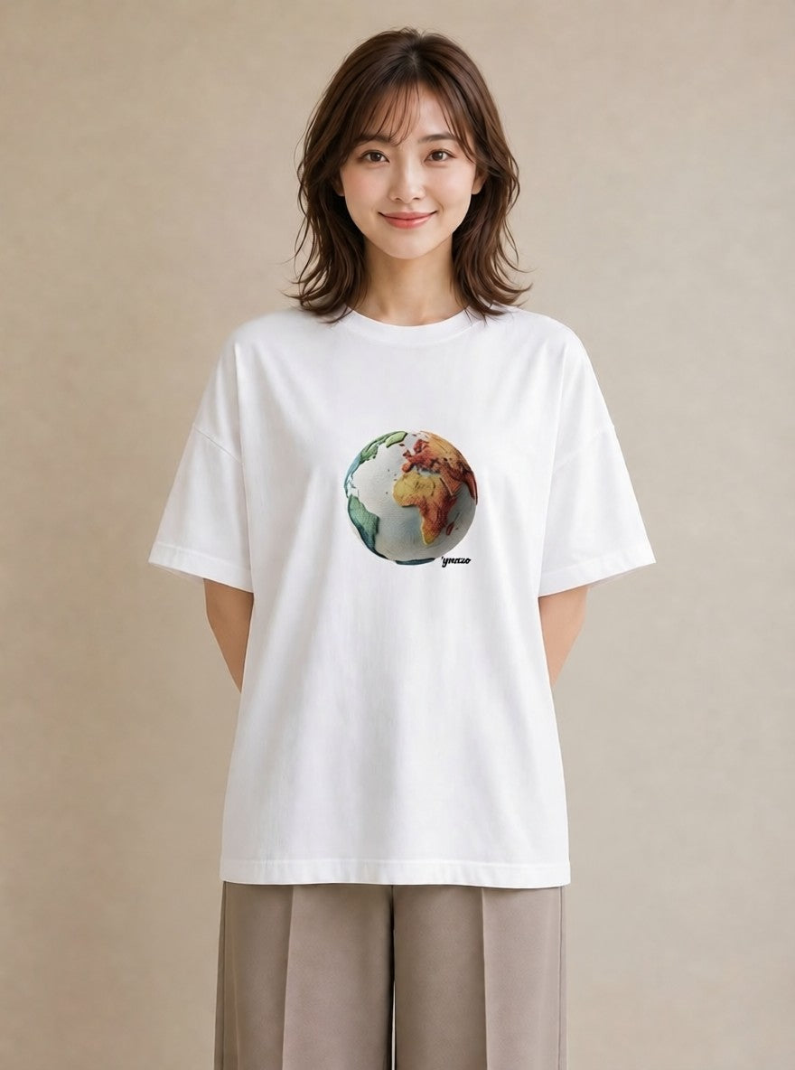 半袖Tシャツ レディース 地球 星空 宇宙 イラスト 北欧風 誕生日プレゼント 綿100 白T YMAZO