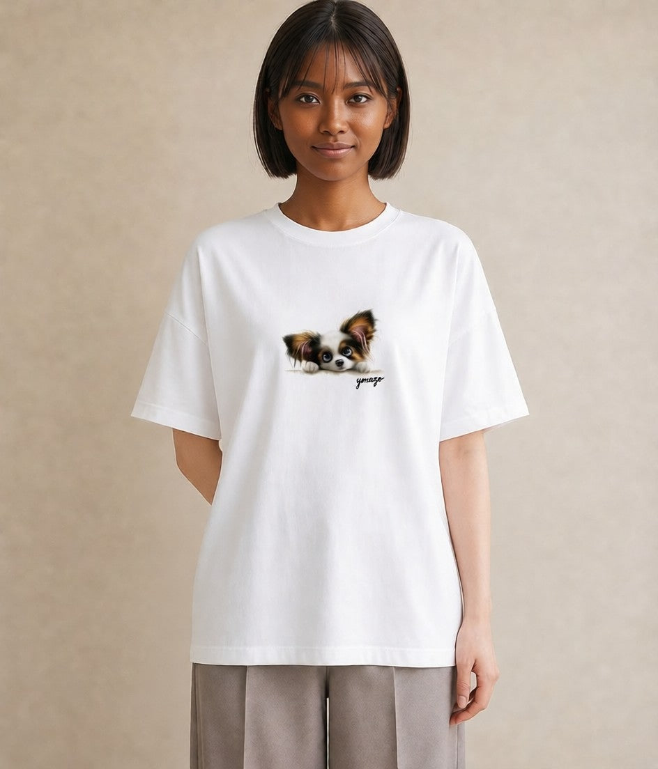 グラフィックTシャツ レディース パピヨン 犬 いぬ イラスト きれいめ ミセス 春コーデ 白T YMAZO