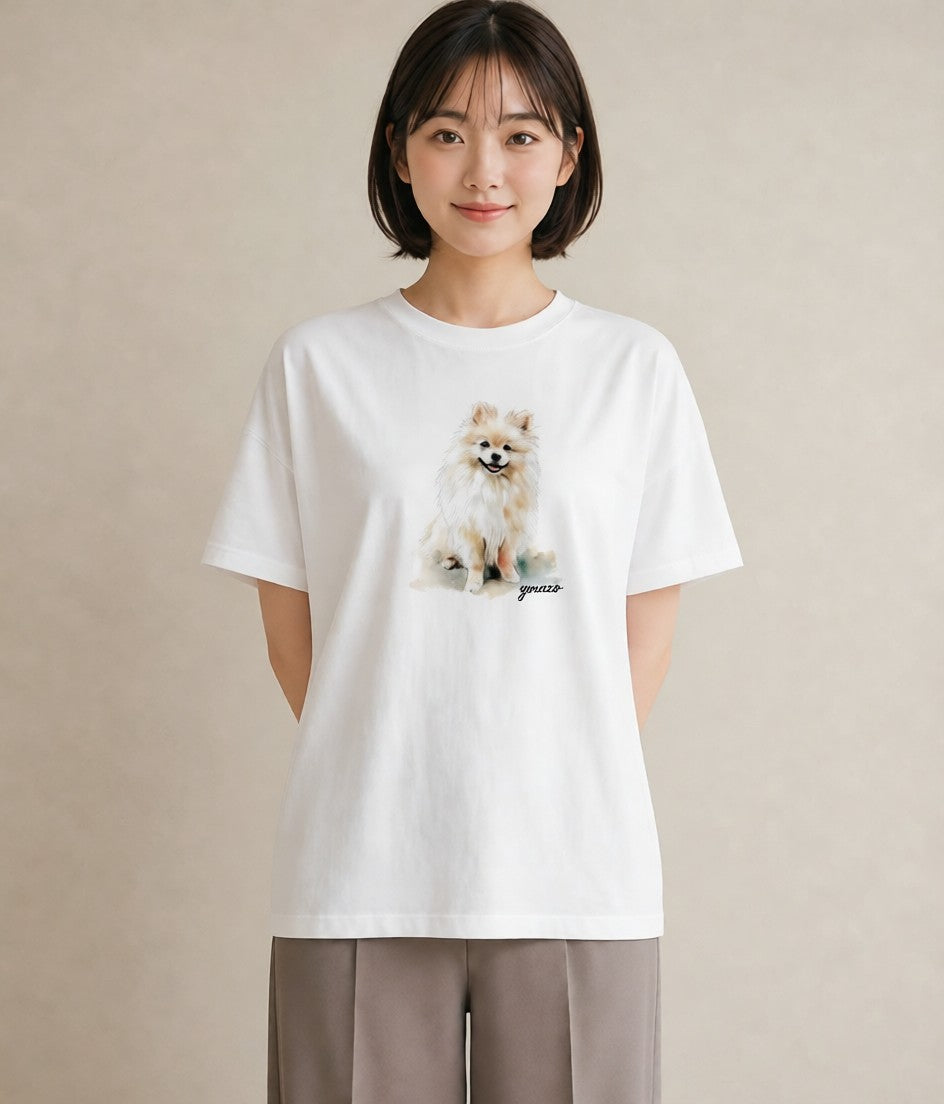 グラフィックTシャツ レディース ポメラニアン ポメ 犬 いぬ イラスト 普段使い ビーチ デイリーウェア 白T YMAZO