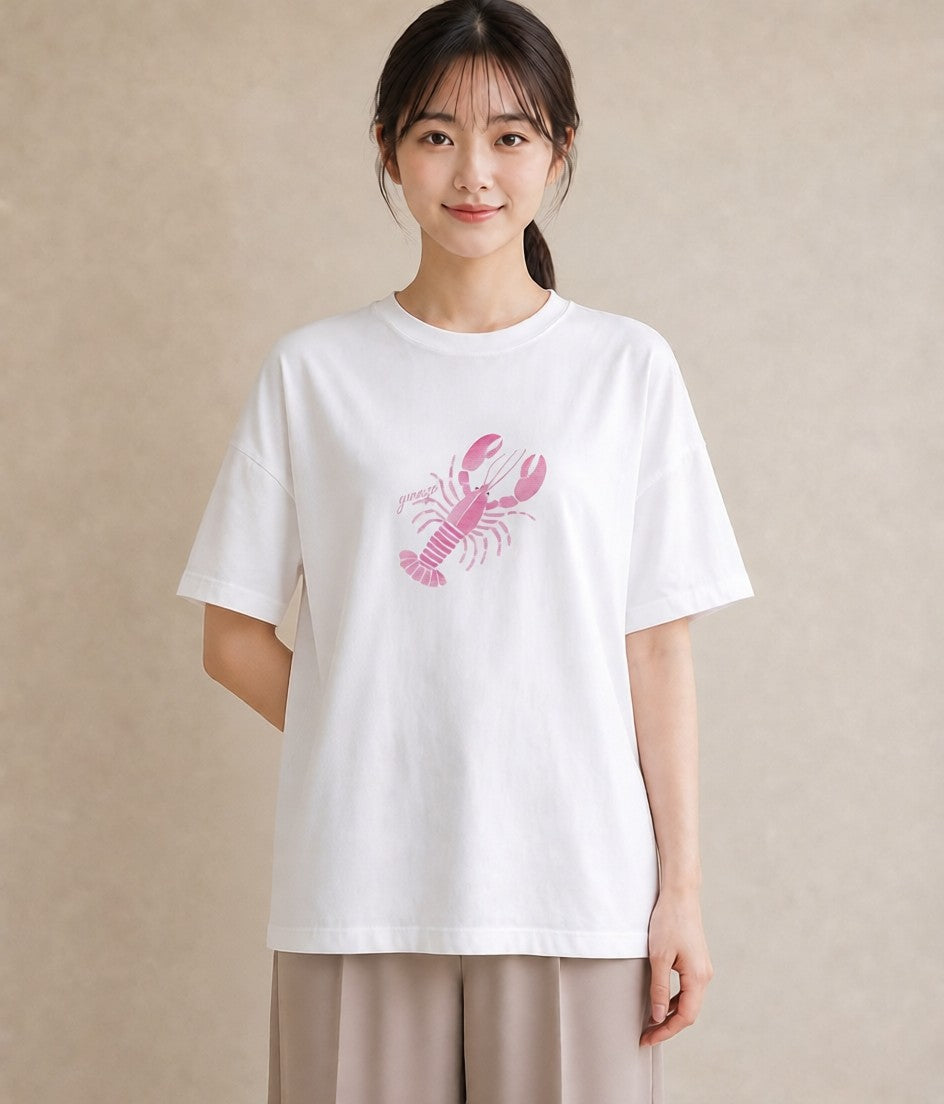 プリントTシャツ レディース エビ 海の生き物 海 イラスト 北欧風 旅行 母娘コーデ 白T YMAZO