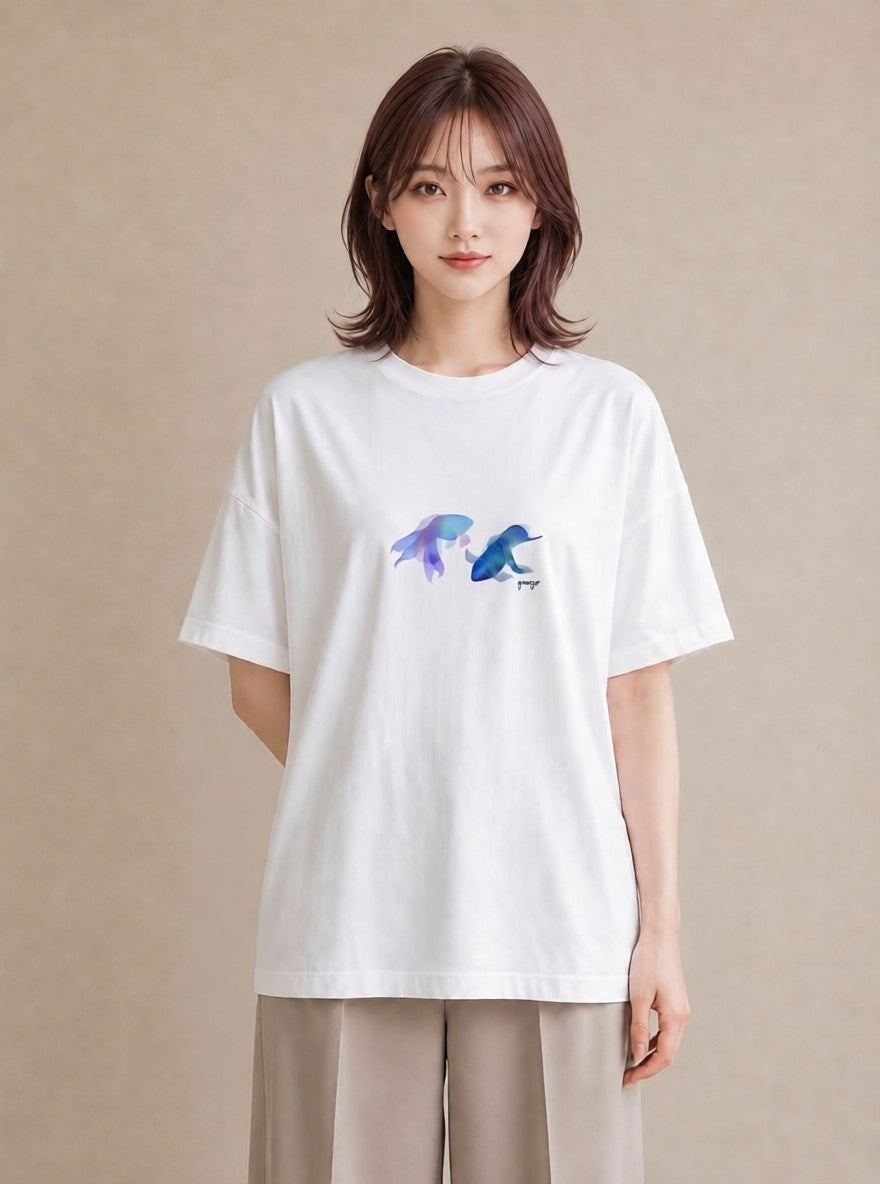 グラフィックTシャツ レディース グッピー ペット 動物 イラスト アート風 カジュアルコーデ 買い物 白T YMAZO