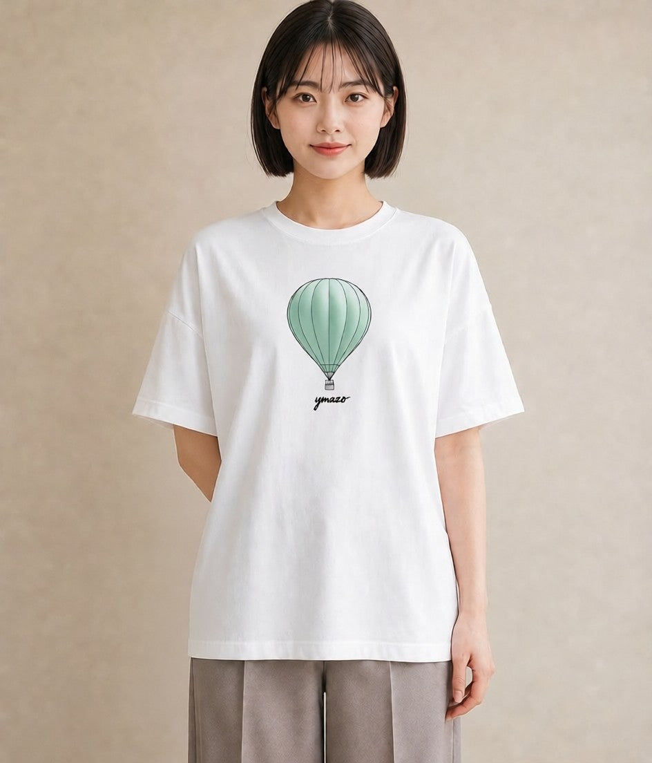 半袖Tシャツ レディース 紙風船 和紙 ナチュラル アンティーク イラスト アート風 買い物 夏コーデ 白T YMAZO