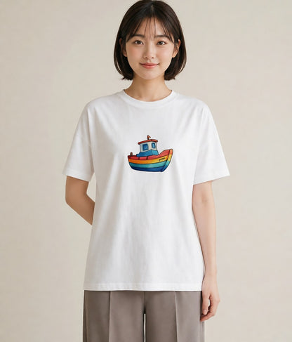 Tシャツ レディース 紙の船 水辺 ナチュラル アンティーク イラスト ポップ 週末コーデ 敬老の日 白T YMAZO
