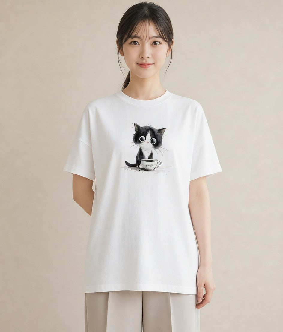 半袖Tシャツ レディース ハチワレ 白黒猫 猫 ねこ イラスト 抜け感 週末コーデ 敬老の日 白T YMAZO