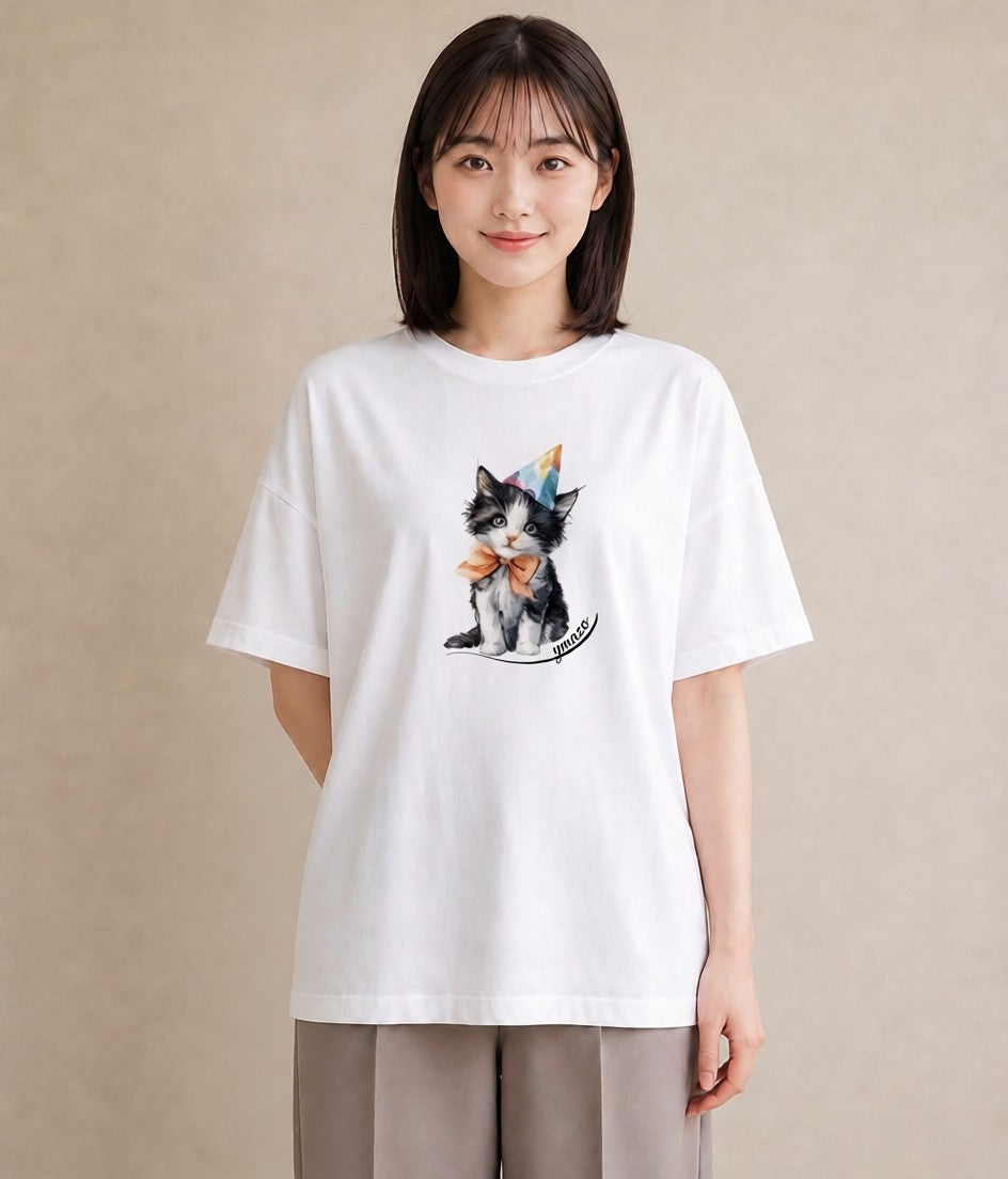 プリントTシャツ レディース ハチワレ 白黒猫 猫 ねこ イラスト 水彩風 カフェ巡り 女子会 白T YMAZO