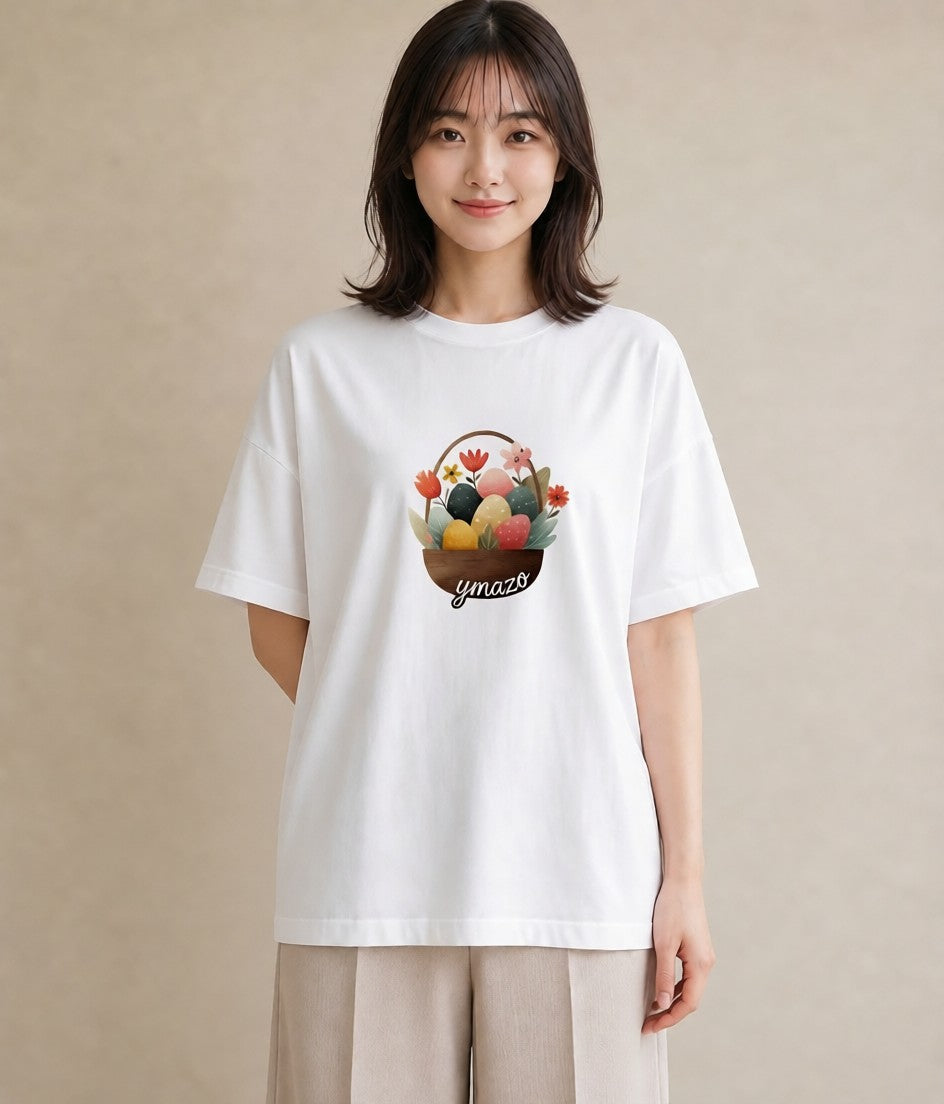 プリントTシャツ レディース 自転車のかご 自転車 花かご ナチュラル アンティーク イラスト 個性的 自分用 ルームウェア 白T YMAZO