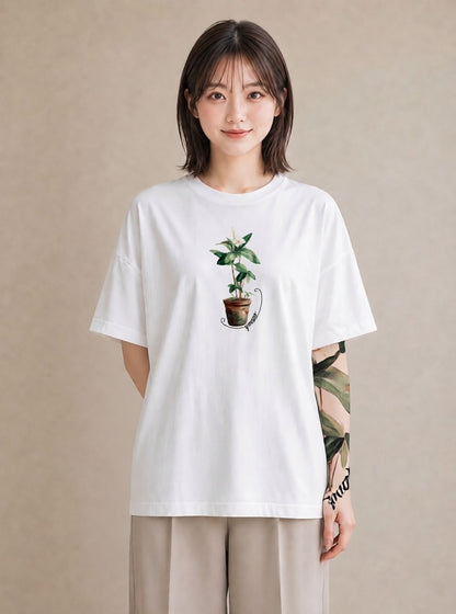 Tシャツ レディース 観葉植物 植物 ボタニカル イラスト 水彩風 ラフ レイヤード 白T YMAZO