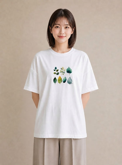 デザインTシャツ レディース 葉っぱ 植物 ボタニカル イラスト 線画 親子 20代 白T YMAZO