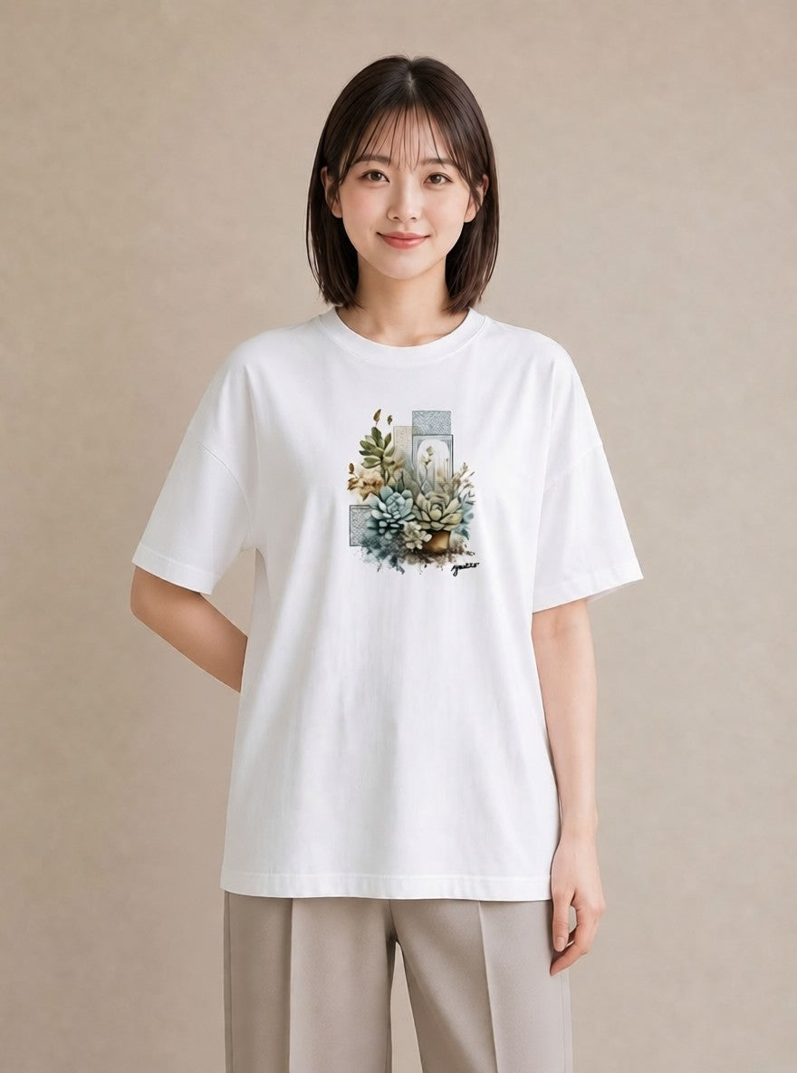 グラフィックTシャツ レディース 夕暮れ バルコニー 夕焼け ナチュラル アンティーク イラスト ヴィンテージ風 ビーチ デイリーウェア 白T YMAZO