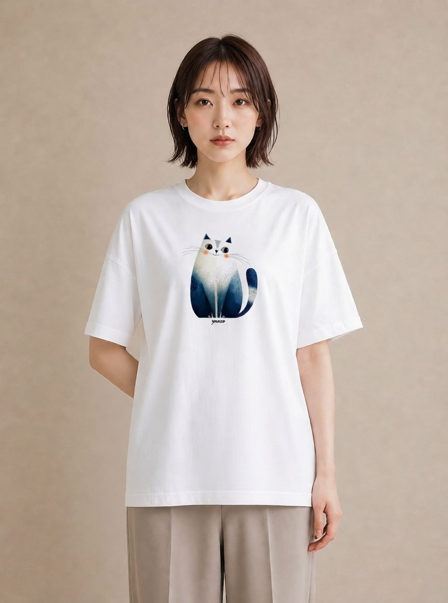 プリントTシャツ レディース 猫好き 猫 ねこ イラスト ミニマル 春服 ミセス 白T YMAZO