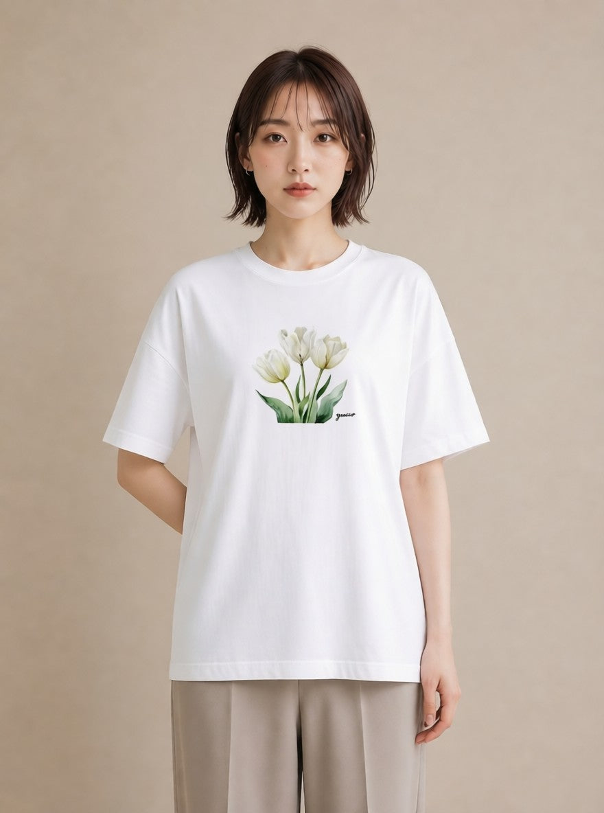 デザインTシャツ レディース チューリップ 花 花柄 イラスト 敬老の日 ホワイトデー 白T YMAZO