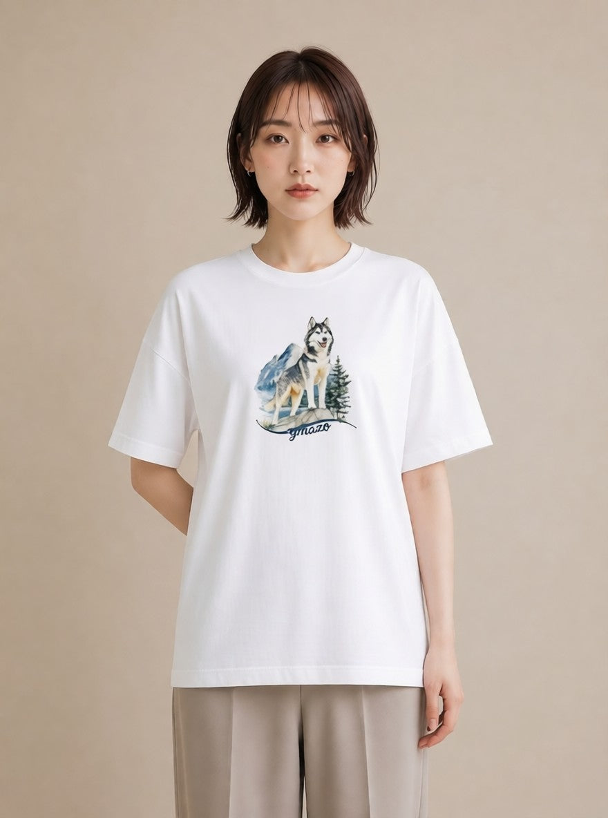Tシャツ レディース シベリアンハスキー 犬 いぬ イラスト モード 綿100 デート 白T YMAZO