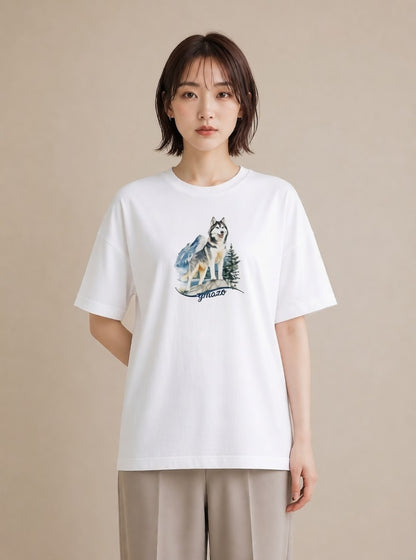 Tシャツ レディース シベリアンハスキー 犬 いぬ イラスト モード 綿100 デート 白T YMAZO