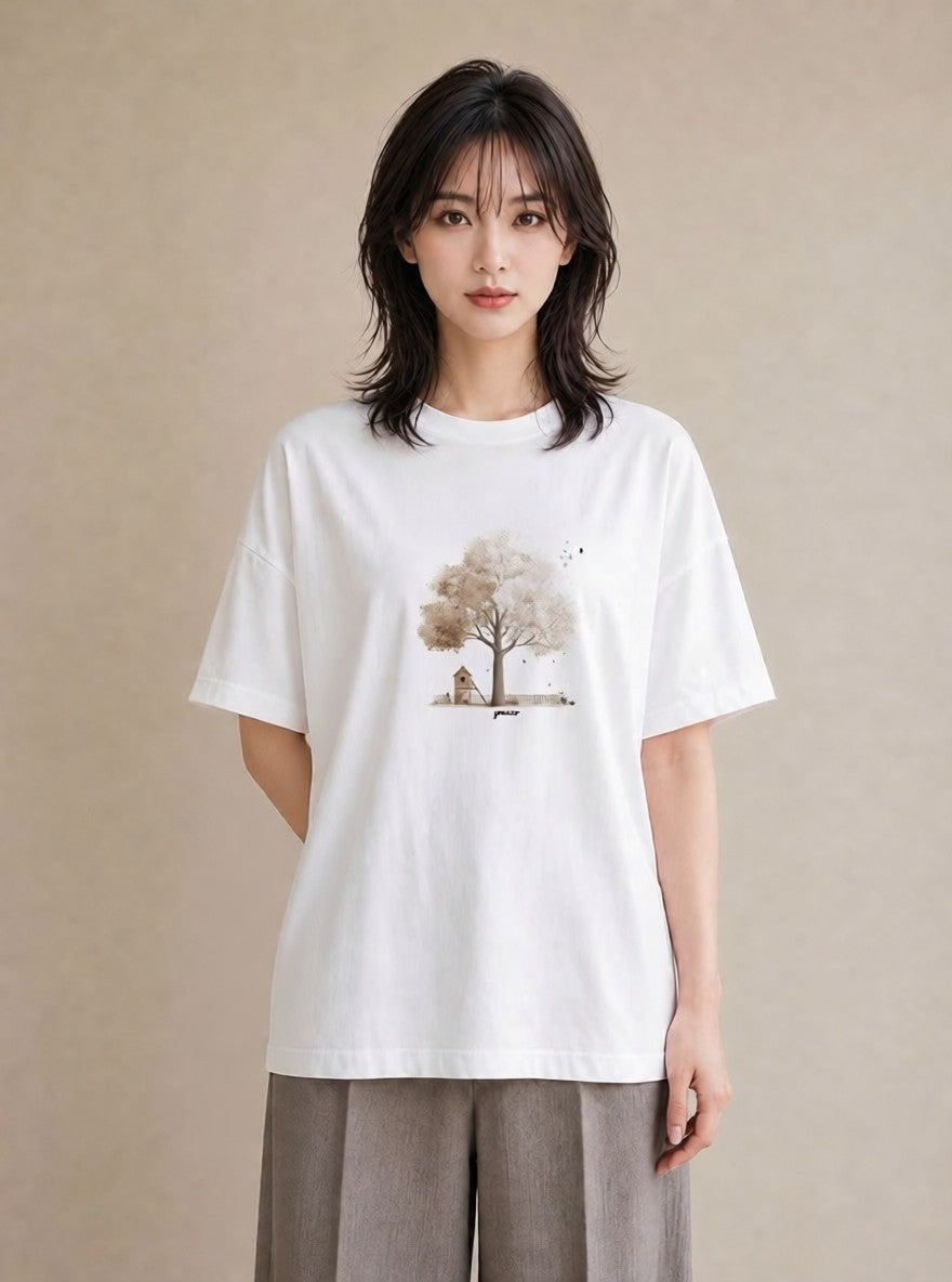半袖Tシャツ レディース 青の水彩 風景 ブルー ナチュラル アンティーク イラスト ニュアンス 自分用 ルームウェア 白T YMAZO