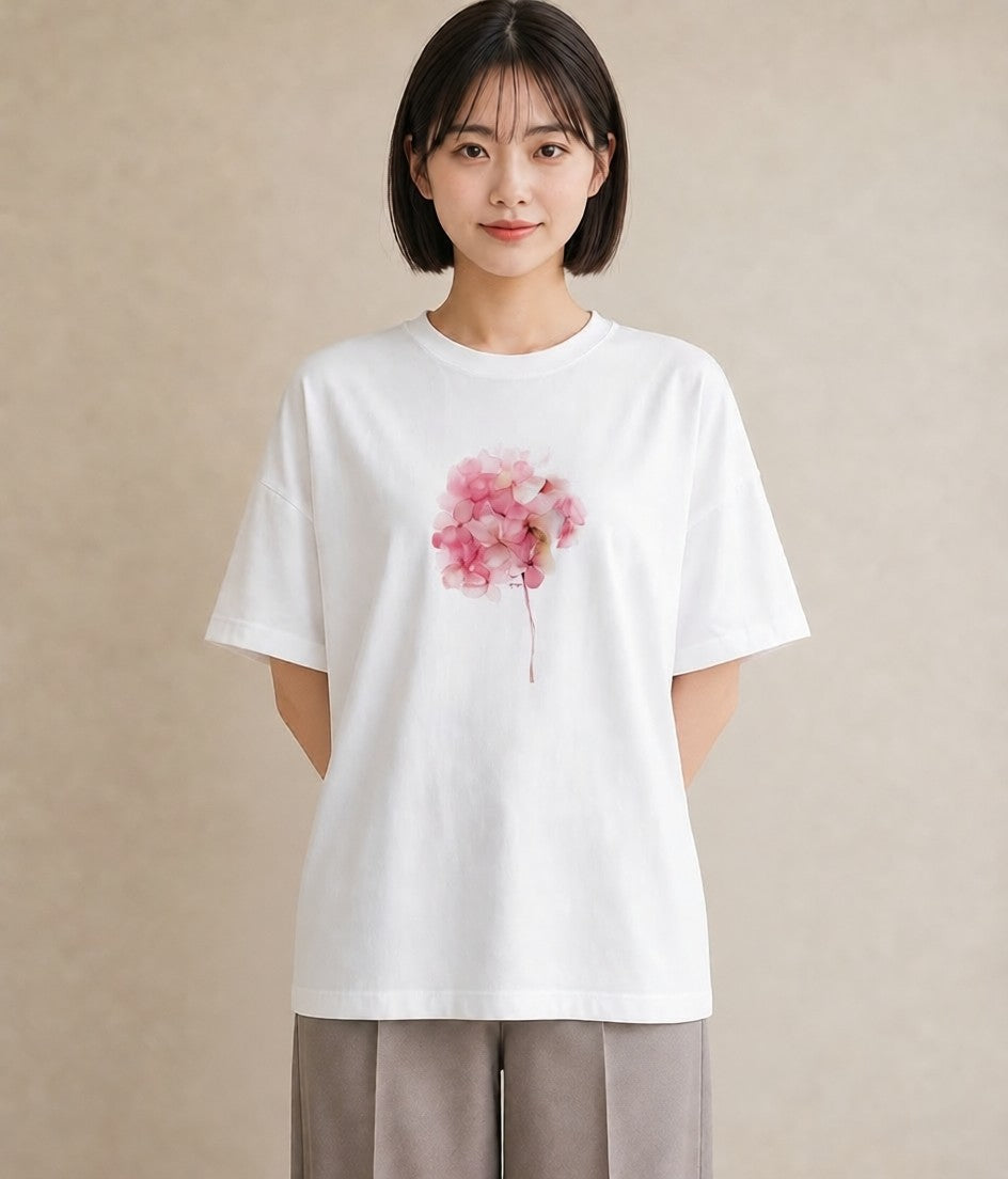 半袖Tシャツ レディース あじさい 紫陽花 アジサイ 花 花柄 イラスト 抜け感 誕生日プレゼント 綿100 白T