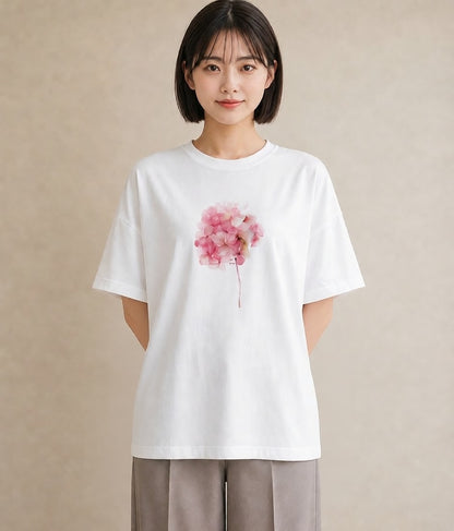 半袖Tシャツ レディース あじさい 紫陽花 アジサイ 花 花柄 イラスト 抜け感 誕生日プレゼント 綿100 白T