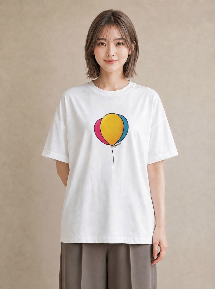 デザインTシャツ レディース 紙風船 和紙 ナチュラル アンティーク イラスト ポップ 社会人 女性 白T YMAZO