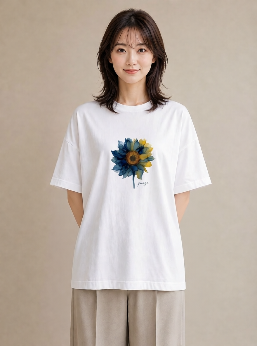 プリントTシャツ レディース ひまわり 向日葵 花 花柄 イラスト 抜け感 部屋着 女性向けギフト 白T