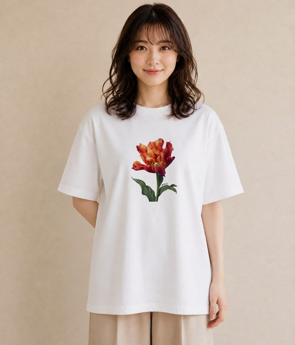 Tシャツ レディース チューリップ 花 花柄 イラスト 線画 ママ カフェ服 白T