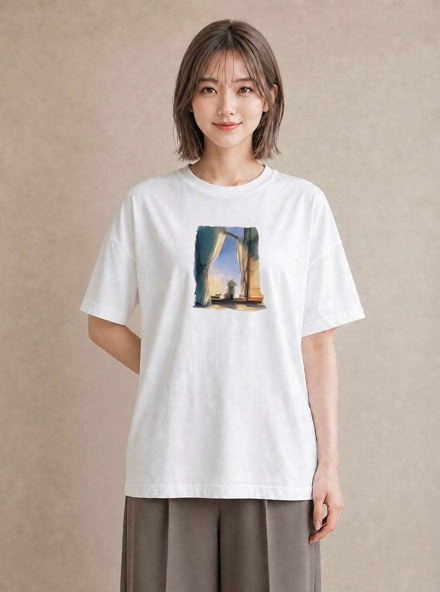 Tシャツ レディース 灯りの家 小屋 夜 ナチュラル アンティーク イラスト ヴィンテージ風 ママ カフェ服 白T YMAZO