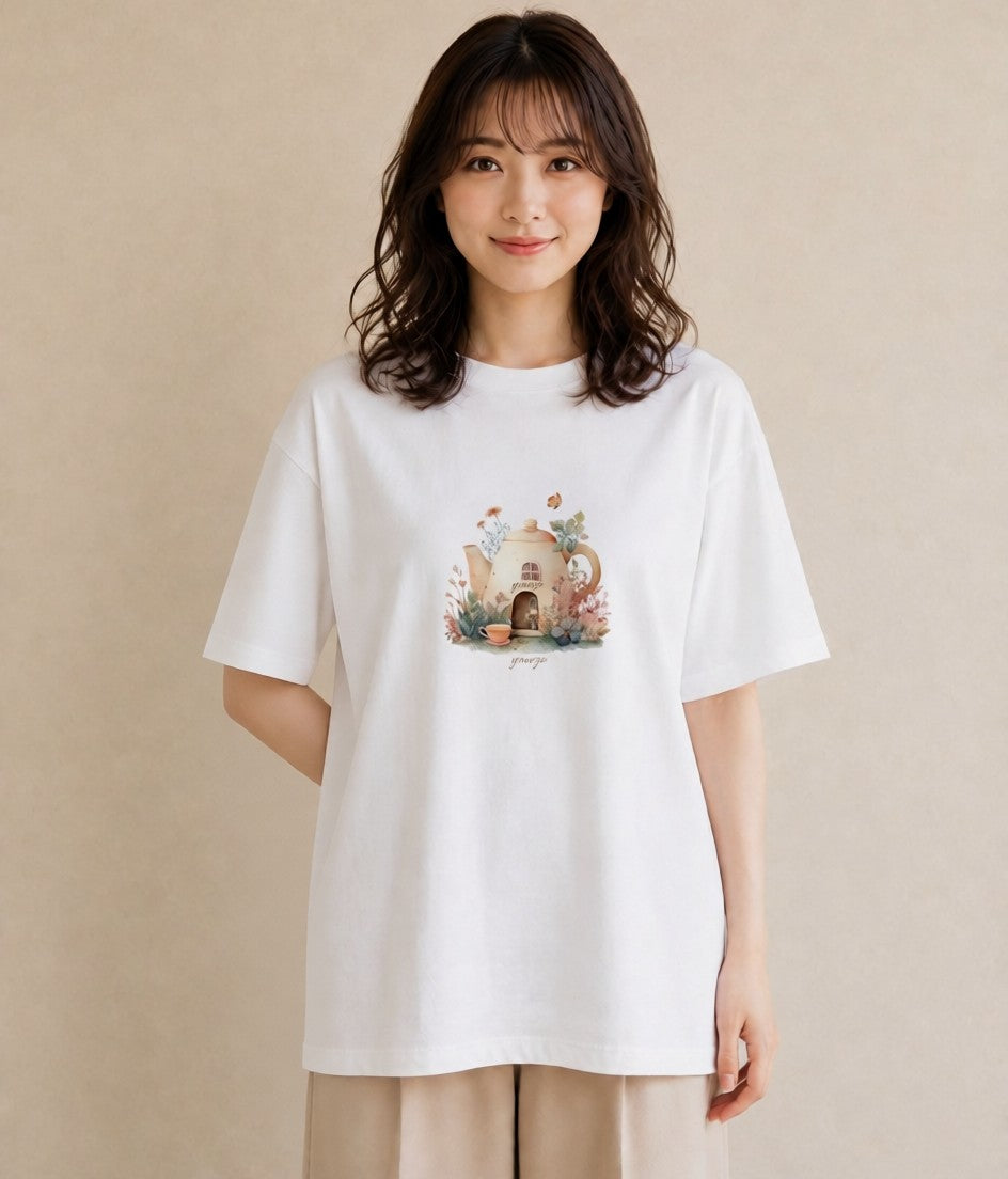 プリントTシャツ レディース 灯りの家 小屋 夜 ナチュラル アンティーク イラスト 個性的 帰省 ラフ 白T YMAZO