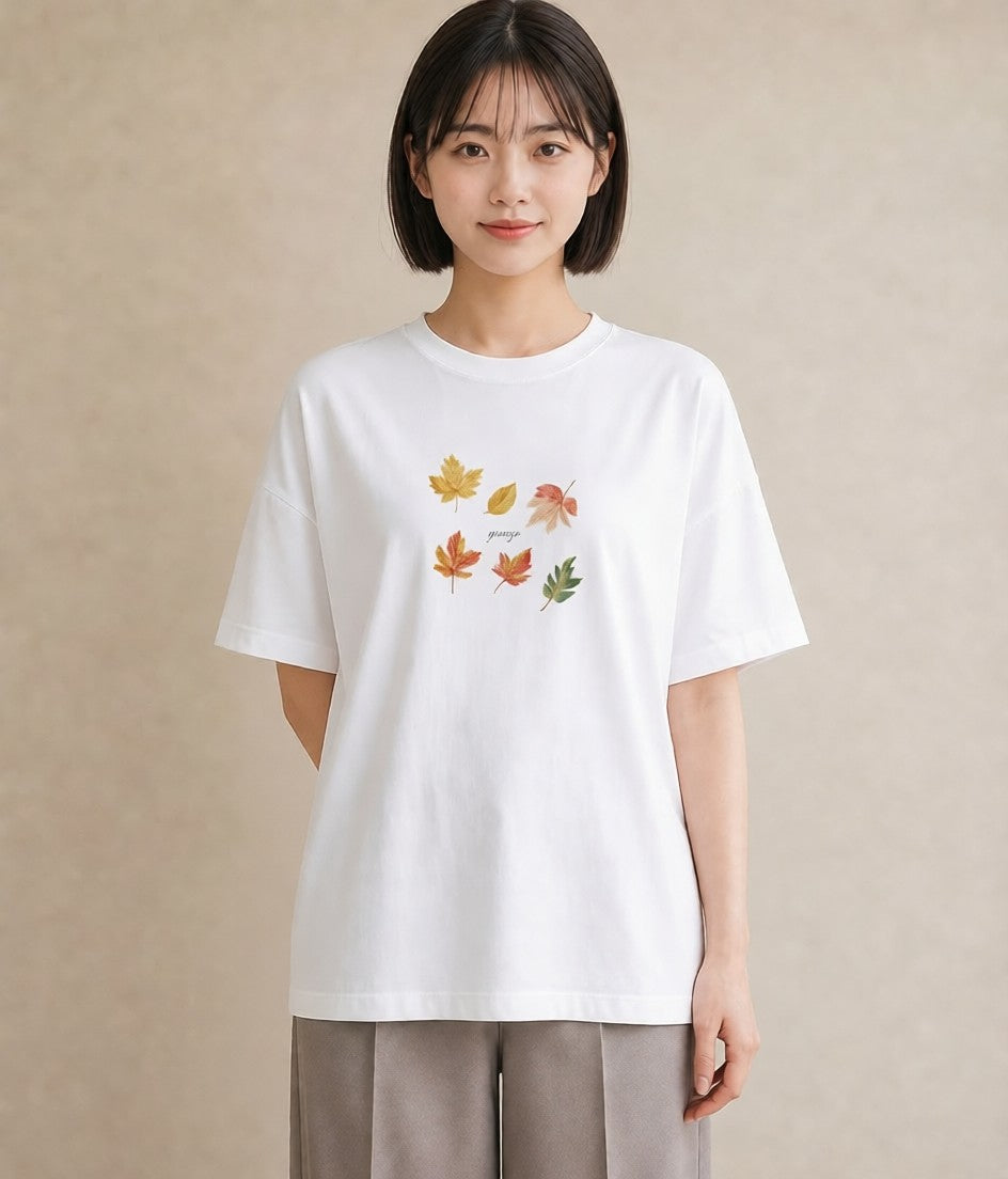 プリントTシャツ レディース 落ち葉 植物 ボタニカル イラスト 手描き風 部屋着 女性向けギフト 白T YMAZO