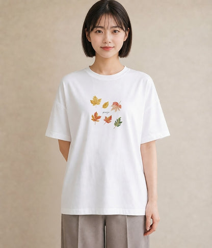 プリントTシャツ レディース 落ち葉 植物 ボタニカル イラスト 手描き風 部屋着 女性向けギフト 白T YMAZO